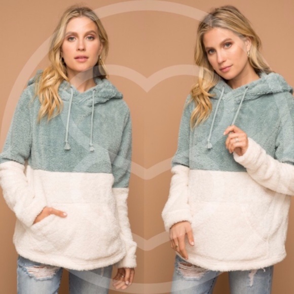 Bellanblue Tops - GEORGIA Color Block Faux Fur Hoodie Top - MINT
